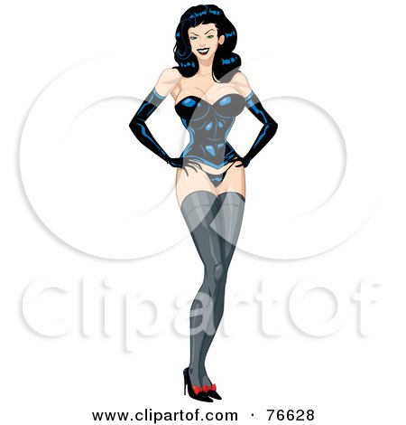 Royalty-Free (RF) Clipart Illustration of a Sexy Standing Pinup Woman In Heels, Stockings And Leather Undergarments by Lawrence Christmas Illustration
