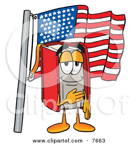 Clipart Picture of a Red Book Mascot Cartoon Character Pledging Allegiance to an American Flag by Mascot Junction