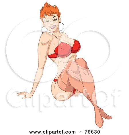 Royalty-Free (RF) Clipart Illustration of a Sexy Redhead Pinup Woman In Stockings, A Red Bra And Panties by Lawrence Christmas Illustration
