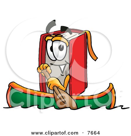 Clipart Picture of a Red Book Mascot Cartoon Character Rowing a Boat by Mascot Junction