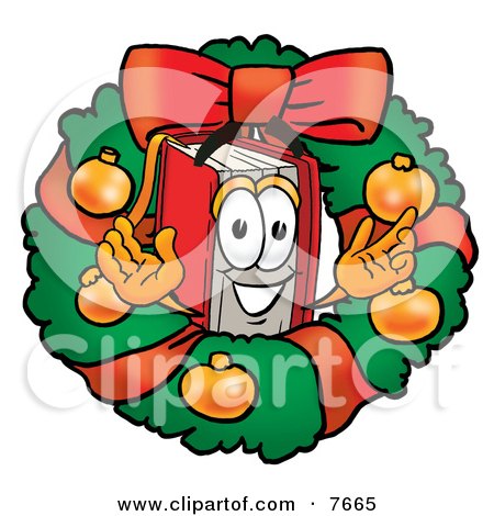Clipart Picture of a Red Book Mascot Cartoon Character in the Center of a Christmas Wreath by Mascot Junction