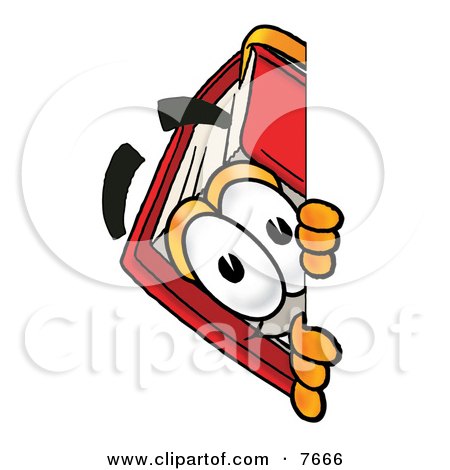 Clipart Picture of a Red Book Mascot Cartoon Character Peeking Around a Corner by Mascot Junction