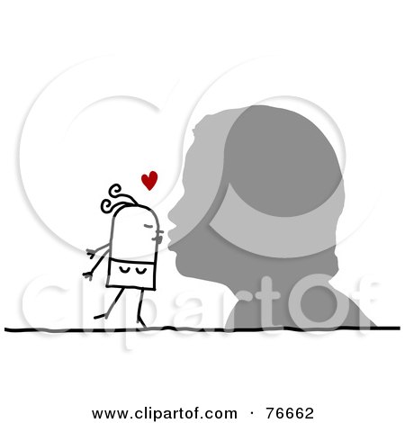 Royalty-Free (RF) Clipart Illustration of a Silhouetted Head Kissing A Stick People Character Woman by NL shop