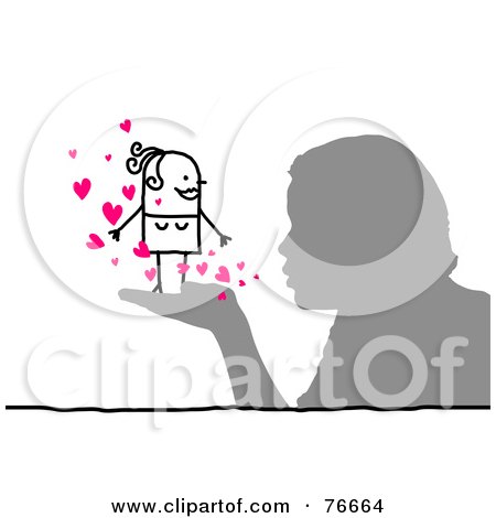 Royalty-Free (RF) Clipart Illustration of a Silhouetted Boy Blowing Hearts At A Stick People Character Woman by NL shop
