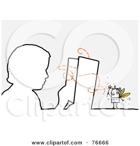 Royalty-Free (RF) Clipart Illustration of an Outlined Boy Reading A Story, With A Stick People Character Fairy Godmother by NL shop