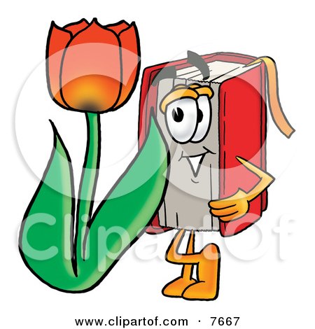 Clipart Picture of a Red Book Mascot Cartoon Character With a Red Tulip Flower in the Spring by Mascot Junction