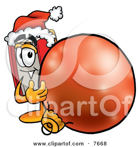 Clipart Picture of a Red Book Mascot Cartoon Character Wearing a Santa Hat, Standing With a Christmas Bauble by Mascot Junction
