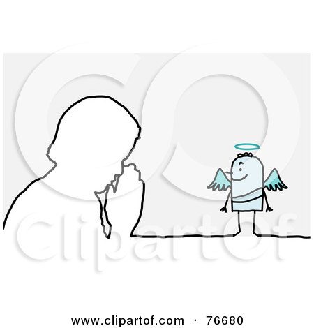 Royalty-Free (RF) Clipart Illustration of a Stick People Angel Character Watching A Man In Prayer by NL shop