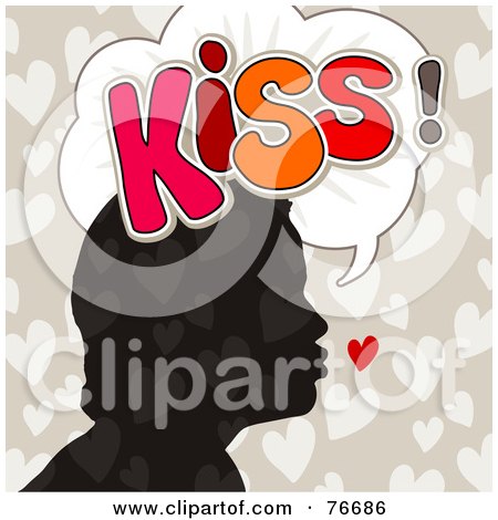 Royalty-Free (RF) Clipart Illustration of a Silhouetted Head With Hearts And The Word Kiss In A Word Balloon by NL shop