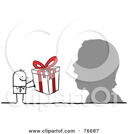 Royalty-Free (RF) Clipart Illustration of a Stick People Character Man Giving A Surprised Silhouette A Present by NL shop