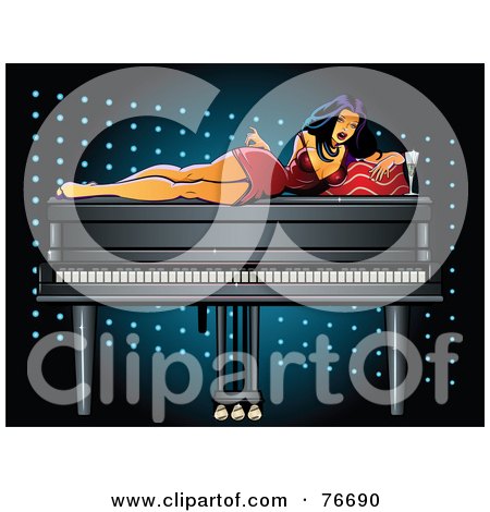 Royalty-Free (RF) Clipart Illustration of a Pinup Woman Laying On Top Of A Piano In A Lounge by r formidable
