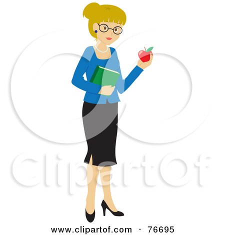 Royalty-Free (RF) Clipart Illustration of a Blond Caucasian School Teacher Woman Carrying An Apple And Book by Rosie Piter