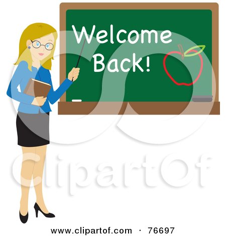 Royalty-Free (RF) Clipart Illustration of a Blond Caucasian Female School Teacher Pointing To A Chalk Board With Welcome Back And An Apple by Rosie Piter