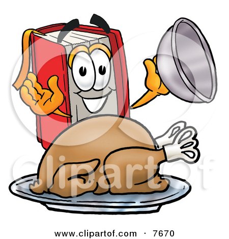 Clipart Picture of a Red Book Mascot Cartoon Character Serving a Thanksgiving Turkey on a Platter by Mascot Junction