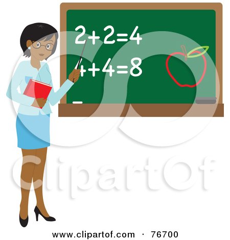 Royalty-Free (RF) Clipart Illustration of a Black Female School Teacher Pointing To A Chalk Board With Math And An Apple by Rosie Piter