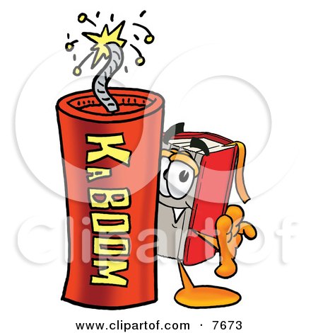 Clipart Picture of a Red Book Mascot Cartoon Character Standing With a Lit Stick of Dynamite by Mascot Junction