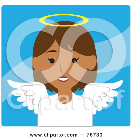 Royalty-Free (RF) Clipart Illustration of a Hispanic Female Avatar Angel Over Blue by Rosie Piter