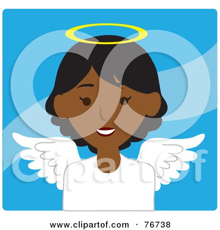 Royalty-Free (RF) Clipart Illustration of a Black Female Avatar Angel Over Blue by Rosie Piter