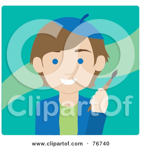 Royalty-Free (RF) Clipart Illustration of a Brunette Caucasian Avatar Artist Man On Turquoise by Rosie Piter