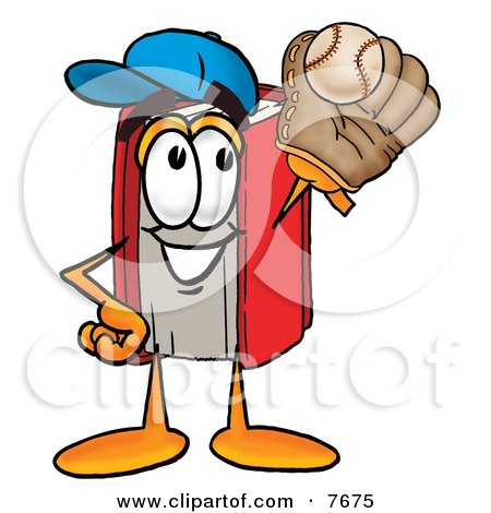 Clipart Picture of a Red Book Mascot Cartoon Character Catching a Baseball With a Glove by Mascot Junction