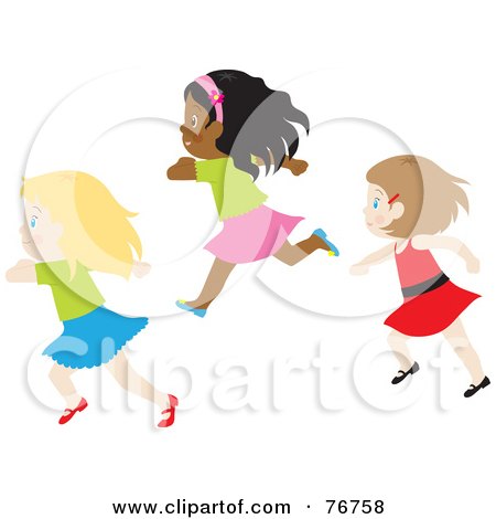 Royalty-Free (RF) Clipart Illustration of Three Caucasian And African American Girls Running by Rosie Piter
