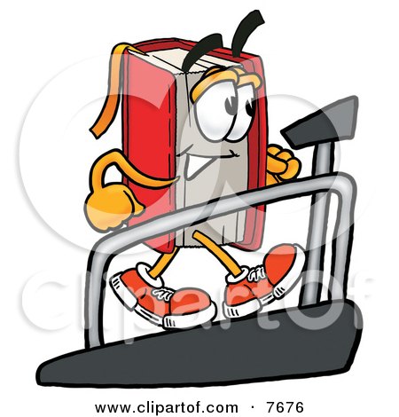 Clipart Picture of a Red Book Mascot Cartoon Character Walking on a Treadmill in a Fitness Gym by Mascot Junction