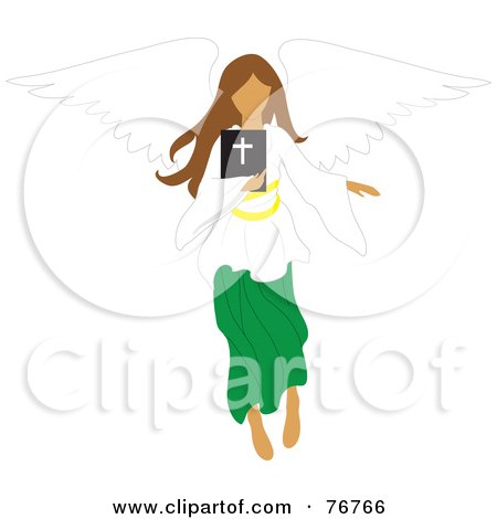 Royalty-Free (RF) Clipart Illustration of a Brunette Female Angel Flying With A Bible by Rosie Piter