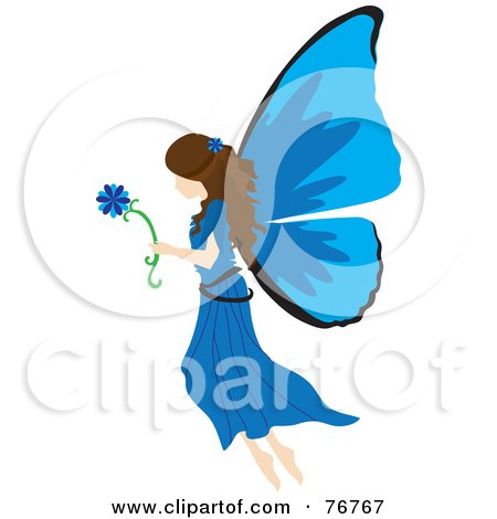 Royalty-Free (RF) Clipart Illustration of a Brunette Female Fairy With Blue Wings, Carrying A Flower by Rosie Piter