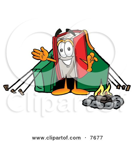 Clipart Picture of a Red Book Mascot Cartoon Character Camping With a Tent and Fire by Mascot Junction