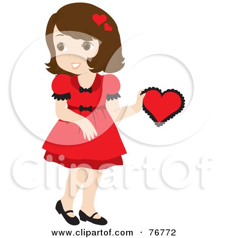 Royalty-Free (RF) Clipart Illustration of a Pretty Brunette Caucasian Girl In A Red Dress, Holding A Red Valentine by Rosie Piter