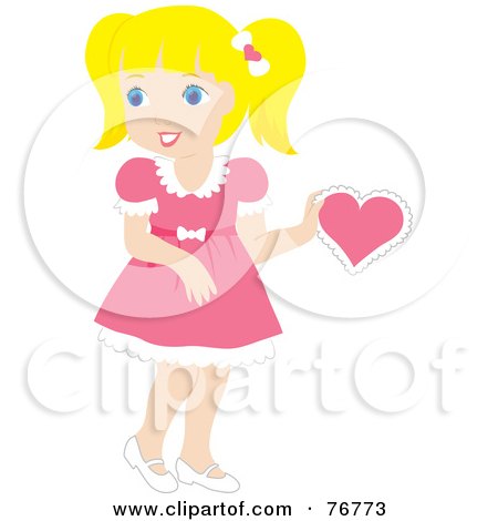 Royalty-Free (RF) Clipart Illustration of a Pretty Blond Caucasian Girl In A Pink Dress, Holding A Pink Valentine by Rosie Piter