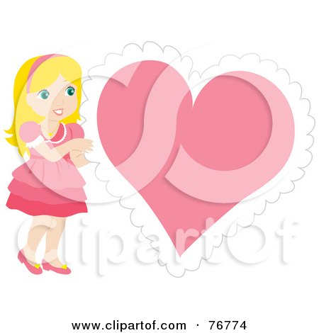 Royalty-Free (RF) Clipart Illustration of a Blond Caucasian Girl In A Pink Dress, Standing By A Big Pink Heart by Rosie Piter