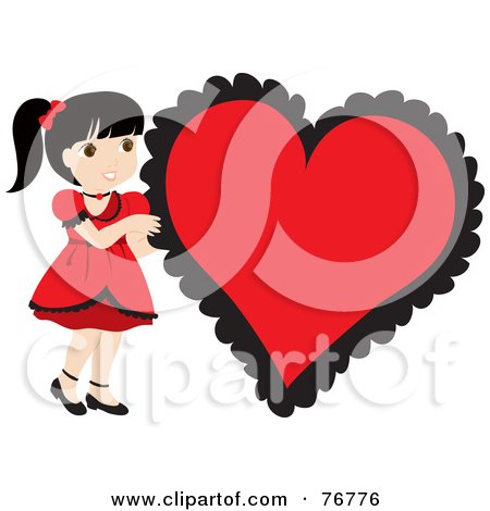 Royalty-Free (RF) Clipart Illustration of a Black Haired Caucasian Girl In A Red Dress, Standing By A Big Red Heart by Rosie Piter