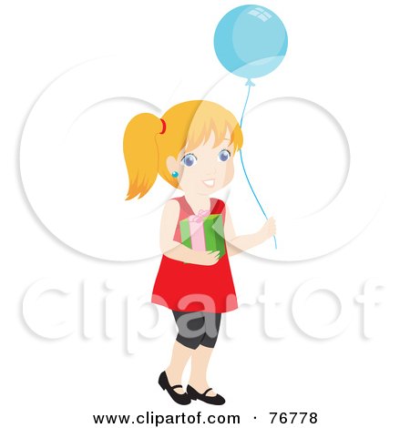 Royalty-Free (RF) Clipart Illustration of a Pretty Blond Caucasian Girl Carrying A Birthday Present And A Blue Balloon by Rosie Piter