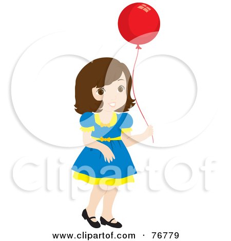 Royalty-Free (RF) Clipart Illustration of a Pretty Brunette Caucasian Girl Carrying A Red Balloon by Rosie Piter