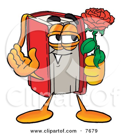 Clipart Picture of a Red Book Mascot Cartoon Character Holding a Red Rose on Valentines Day by Mascot Junction