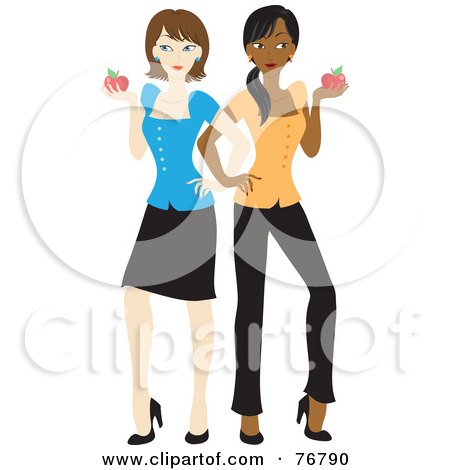 Royalty-Free (RF) Clipart Illustration of Black And Caucasian School Teacher Women Standing Back To Back And Holding Apples by Rosie Piter