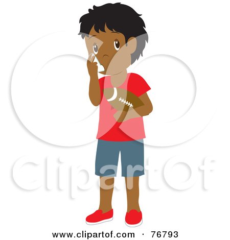 Royalty-Free (RF) Clipart Illustration of a Hispanic Boy Holding A Football And Using His Asthma Inhaler by Rosie Piter