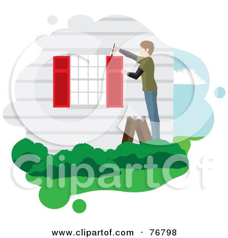 Royalty-Free (RF) Clipart Illustration of a Guy Standing On A Ladder And Painting His House Shutters Red by Rosie Piter