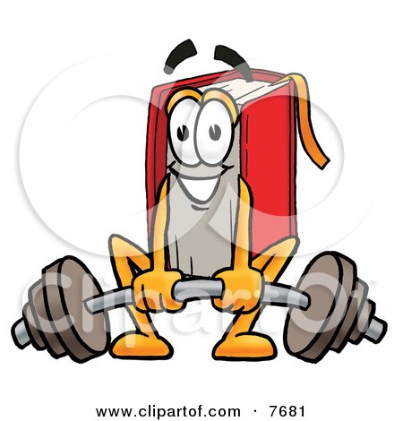 Clipart Picture of a Red Book Mascot Cartoon Character Lifting a Heavy Barbell by Mascot Junction