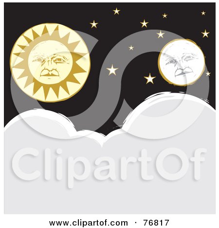 Royalty-Free (RF) Clipart Illustration of a Full Moon And Sun Faces With Stars Over Clouds by xunantunich