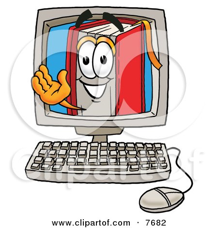 Clipart Picture of a Red Book Mascot Cartoon Character Waving From Inside a Computer Screen by Mascot Junction