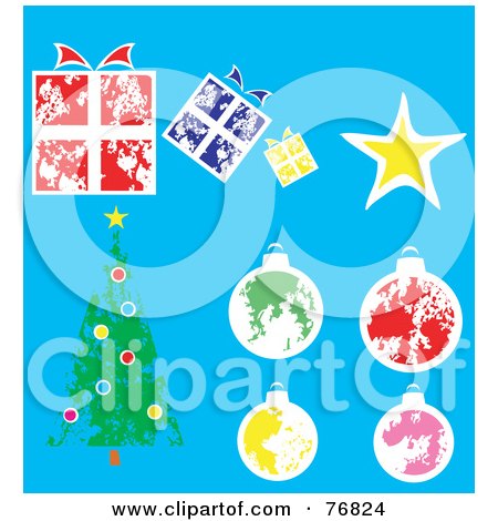 Royalty-Free (RF) Clipart Illustration of a Digital Collage Of Painted Presents, Star, Baubles And A Christmas Tree Over Blue by xunantunich
