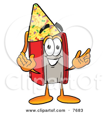 Clipart Picture of a Red Book Mascot Cartoon Character Wearing a Birthday Party Hat by Mascot Junction