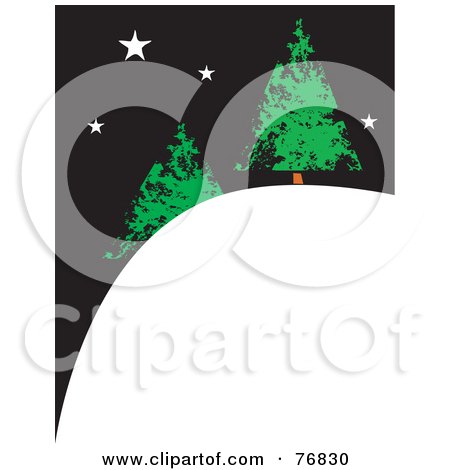 Royalty-Free (RF) Clipart Illustration of Two Evergreen Christmas Trees On A Snowy Hill Under A Starry Night Sky by xunantunich