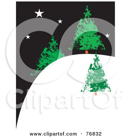 Royalty-Free (RF) Clipart Illustration of Three Evergreen Christmas Trees On A Snowy Hill Under A Starry Night Sky by xunantunich