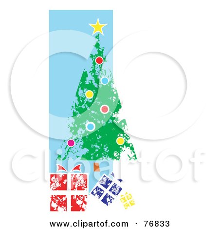 Royalty-Free (RF) Clipart Illustration of a Painted Christmas Tree And Gifts Over A Blue And White Background by xunantunich