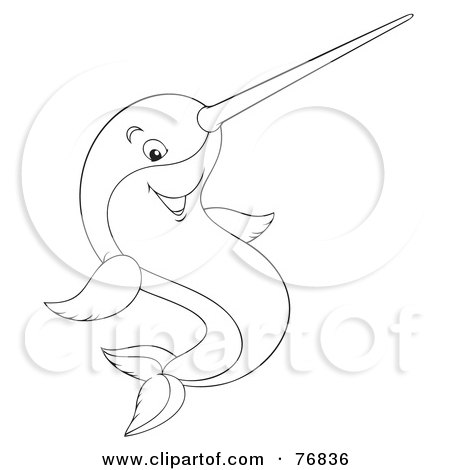 Royalty-Free (RF) Clipart Illustration of a Black And White Outline Of A Fish With A Horn On Its Nose by Alex Bannykh