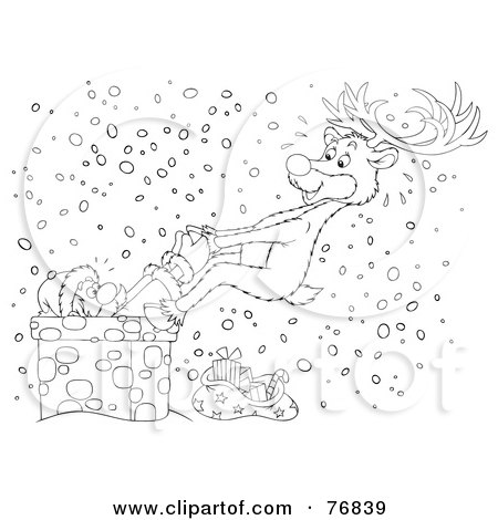 Royalty-Free (RF) Clipart Illustration of a Black And White Outline Of A Reindeer Pulling A Stuck Santa Out Of A Chimney In The Snow by Alex Bannykh