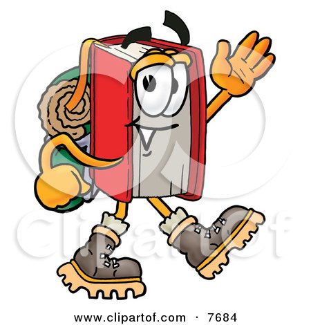Clipart Picture of a Red Book Mascot Cartoon Character Hiking and Carrying a Backpack by Mascot Junction